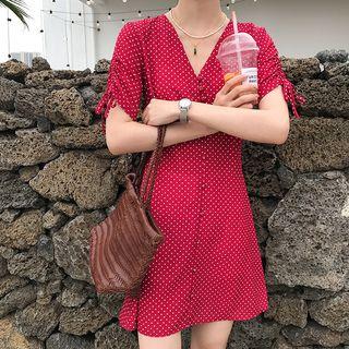 Short-sleeve Polka Dot Buttoned A-line Mini Dress