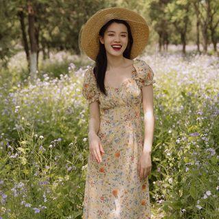 Puff-sleeve Floral Print Ruffled A-line Midi Dress