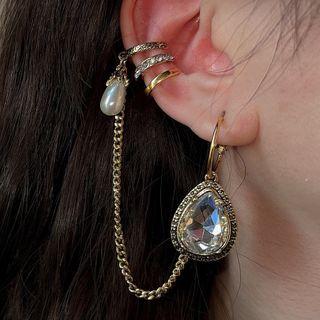 Faux Pearl Rhinestone Chained Alloy Earring 1 Pc - Gold - One Size