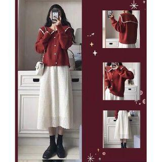 Cardigan / Midi A-line Lace Skirt / Set