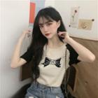 Short-sleeve Print Two-tone Knit Top