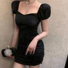 Bell-sleeve Satin Ruched Drawstring Mini Dress