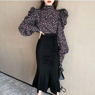 Puff-sleeve Floral Top / Midi Mermaid Skirt