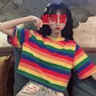 Short-sleeve Rainbow Stripe T-shirt Stripe - Rainbow - One Size