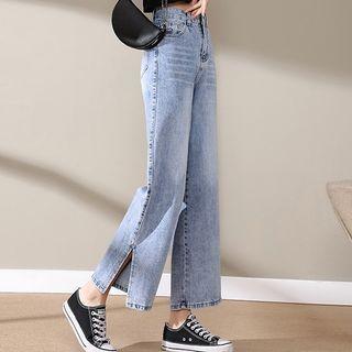 High-waist Slit Hem Loose Fit Straight Leg Jeans