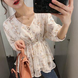 3/4-sleeve Floral Peplum Top