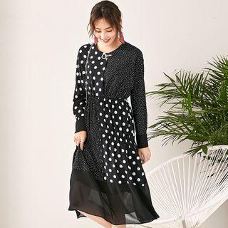 Asymmetric Dotted Long-sleeve Midi A-line Dress