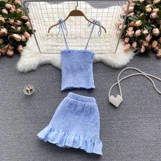 Set Of 2 : Plain Camisole Top + Ruffle Skirt