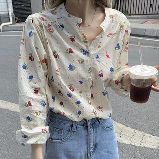 Long-sleeve Flower Print Shirt Print - Almond - One Size