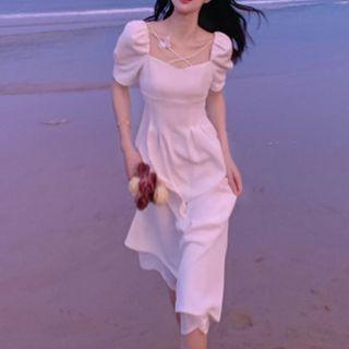 Short-sleeve Cross Strap Midi A-line Dress