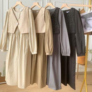 Set: Plain Midi A-line Dress + Cropped Vest