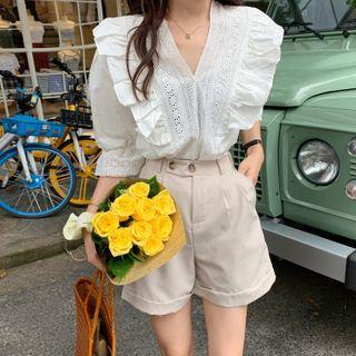 Elbow-sleeve Ruffle Trim Blouse / Shorts