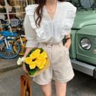 Elbow-sleeve Ruffle Trim Blouse / Shorts