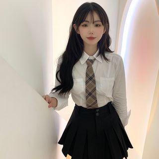 Crop Shirt / Plaid Tie / Pleated Mini A-line Skirt