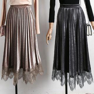 Lace-hem Pleated Velvet Skirt