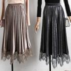 Lace-hem Pleated Velvet Skirt