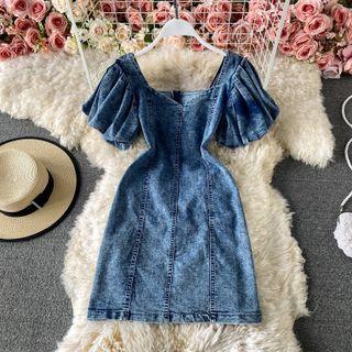 V Neck Puff Short Sleeve Denim Dress