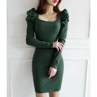 Square-neck Puff-shoulder Mini Knit Dress