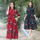 Flower Print Elbow-sleeve Mandarin Collar A-line Dress