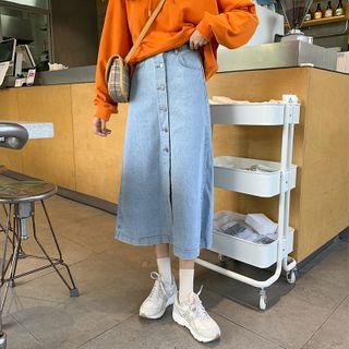 Washed High-waist Buttoned Midi Denim Skirt