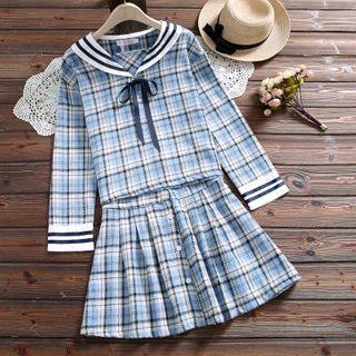 Set: Sailor Collar Plaid Blouse + Mini A-line Skirt