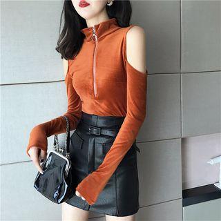 Off-shoulder Half-zip Velvet Top