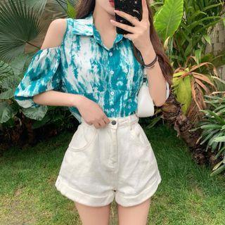Cold-shoulder Puff-sleeve Button-up Tie-dye Top