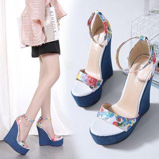 Floral Print Ankle Strap Platform Wedge Sandals