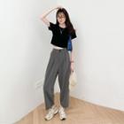 Round-neck Plain Cropped Top / High-waist Plain Straight-cut Pants