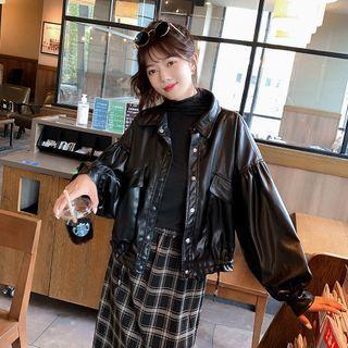 Buttoned Faux Leather Jacket Black - One Size