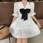 Short-sleeve V-neck Bow Tiered A-line Dress White - One Size