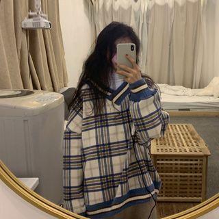 Turtleneck Long-sleeve Top / V-neck Plaid Sweatshirt