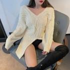 V-neck Back-split Sweater Almond - One Size