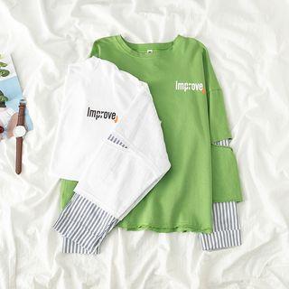 Mock Two-piece Striped Trim Lettering Top