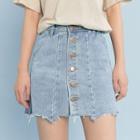 Buttoned Distressed Hem A-line Denim Skirt