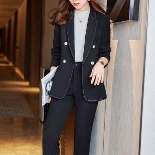 Set: Double-breasted Contrast Trim Blazer + Dress Pants