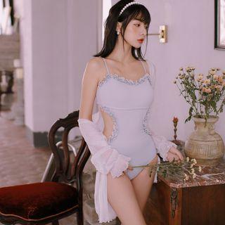 Set: Ruffled Cut-out Swimsuit + Open-front Jacket