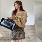 Cold Shoulder Cable Knit Sweater / Leopard Print Mini A-line Skirt