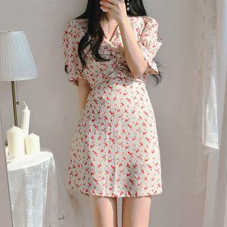 Floral Print Ruched Short-sleeve Mini A-line Dress