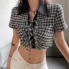 Short-sleeve Drawstring Plaid Crop Shirt
