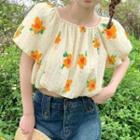 Puff-sleeve Floral Cropped Blouse Orange & Almond - One Size