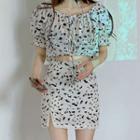 Leopard Print Short-sleeve Blouse / Lace Trim Mini Pencil Skirt