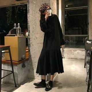 Plain Irregular Long-sleeve Loose-fit Dress Black - One Size
