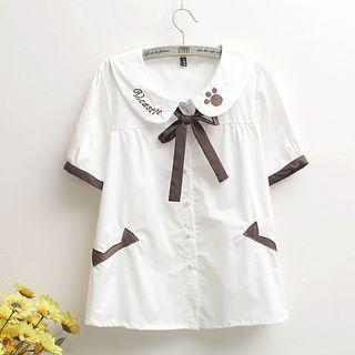 Short-sleeve Contrast-trim Embroidered Shirt