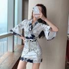 Flared-sleeve Printed Mini Sheath Dress
