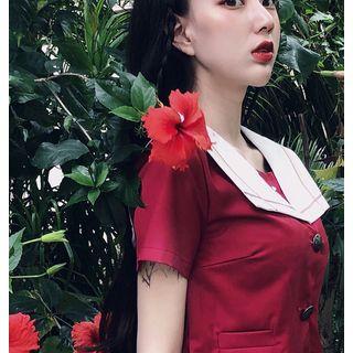 Set: Embroidered Short-sleeve Sailor Collar Blouse + Pleated Skirt