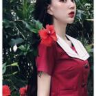 Set: Embroidered Short-sleeve Sailor Collar Blouse + Pleated Skirt