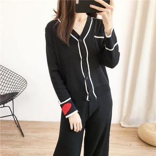 Set: Contrast Trim Heart Print Buttoned Jacket + Wide Leg Pants Black - One Size