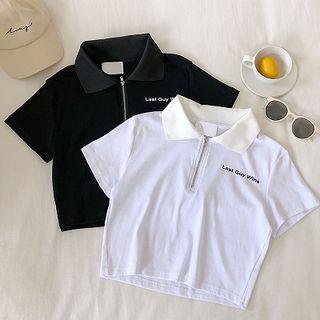 Lettering Print Zip Slim-fit Short-sleeve Top
