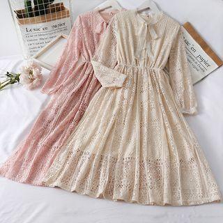 Ribbon-neckline Jacquard A-line Dress